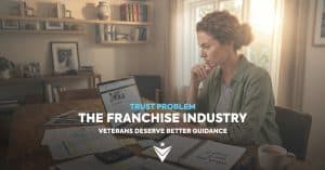 Veteran entrepreneur researching franchise opportunities and evaluating business ownership options at a home office desk.